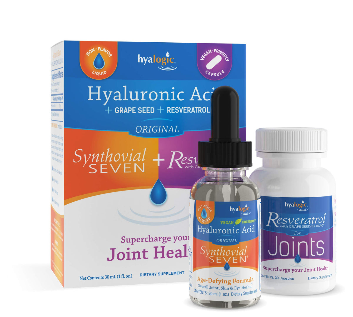 Hyalogic Synthovial Seven liquid bottle with dropper illustrating joint hydration.