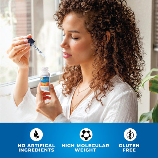 Hyalogic Synthovial Seven liquid drops support skin, eye, and lip hydration.
