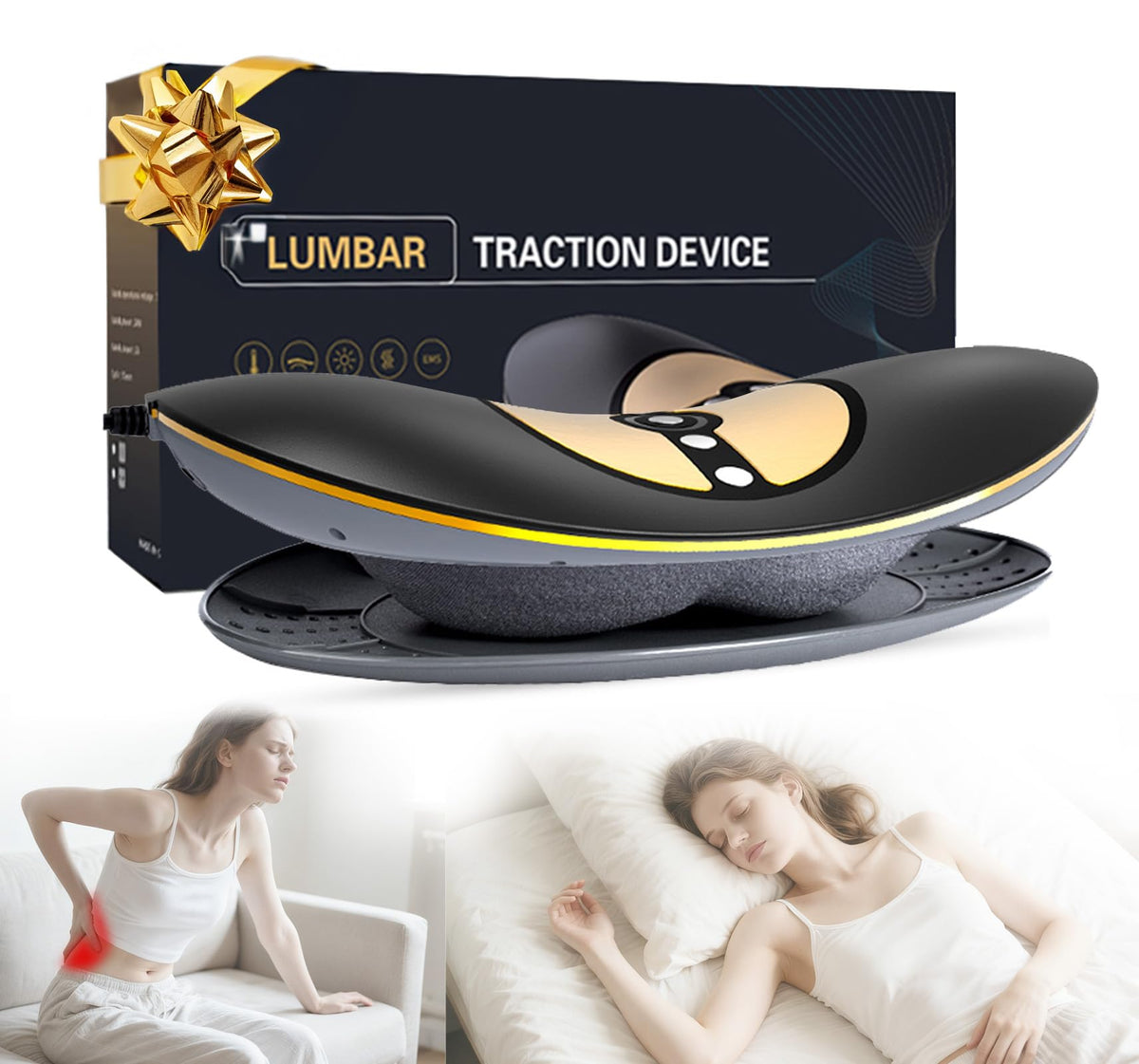 Hybodies Lumbar Traction Device front view shows adjustable airbag support for the lower back.