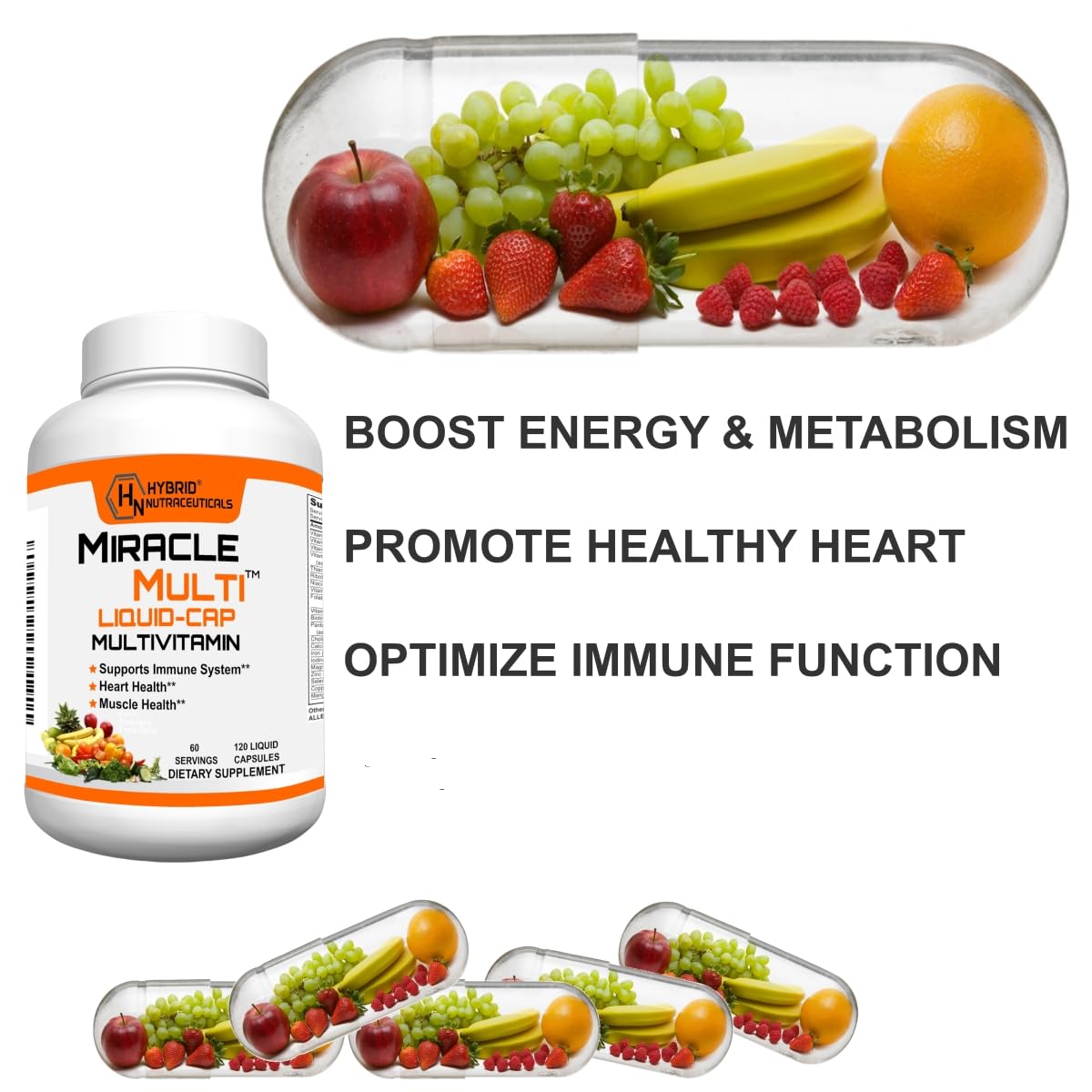 Hybrid Nutraceuticals MiracleMulti bottle side view highlighting compact packaging for on-the-go use.