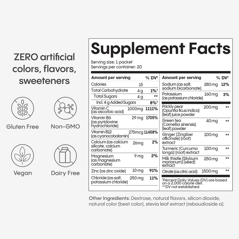 Hydralyte Liver Support powder being poured into a glass for rapid hydration