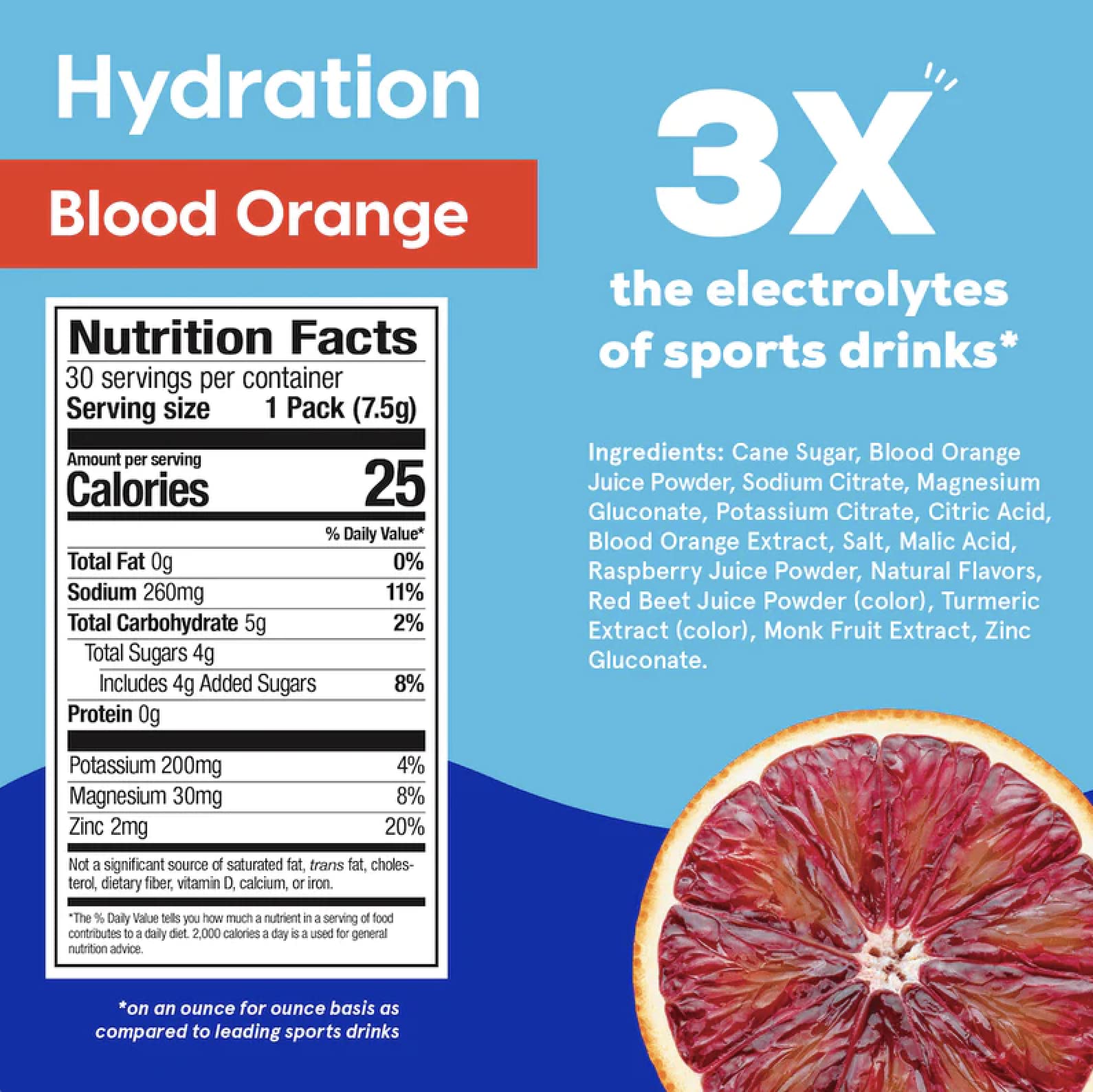 HYDRANT Blood Orange packets close-up, real fruit flavor for refreshing hydration.