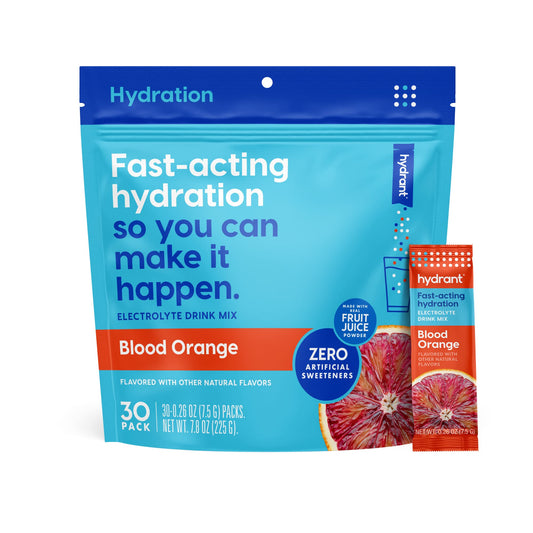 HYDRANT Blood Orange packets front view, quick morning hydration with low sugar.