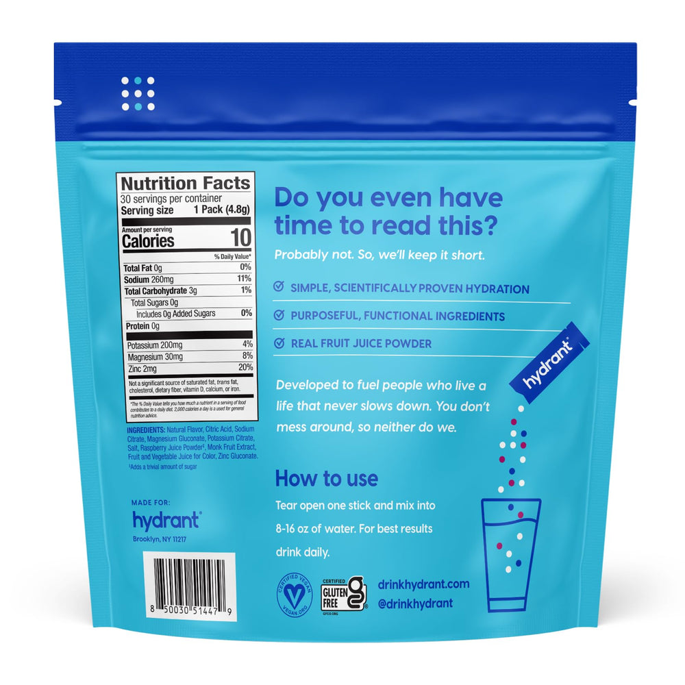 HYDRANT Hydrate Berry Burst packet shown dissolving in cold water.