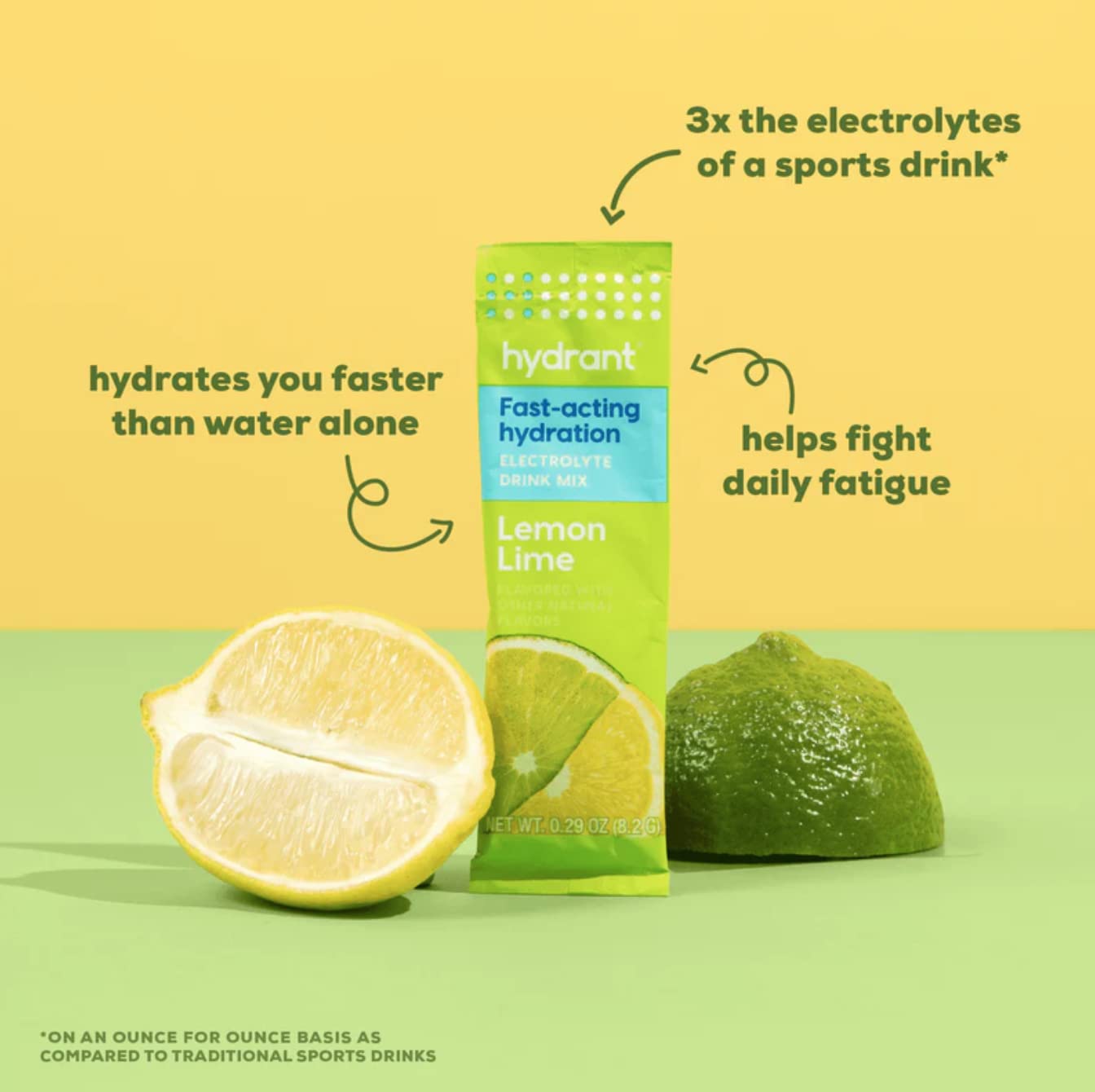 Hydrant Hydrate lemon lime powder scoop with glass of prepared drink.