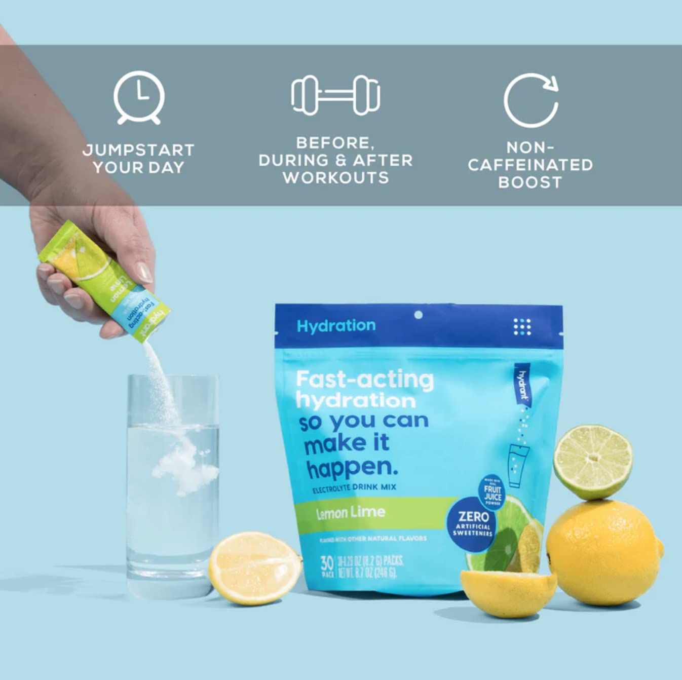 Hydrant Hydrate lemon lime prepared drink over ice demonstrating refreshing taste.