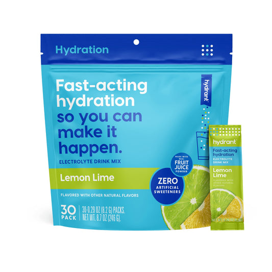 Hydrant Hydrate lemon lime stick front view for rapid hydration on the go.