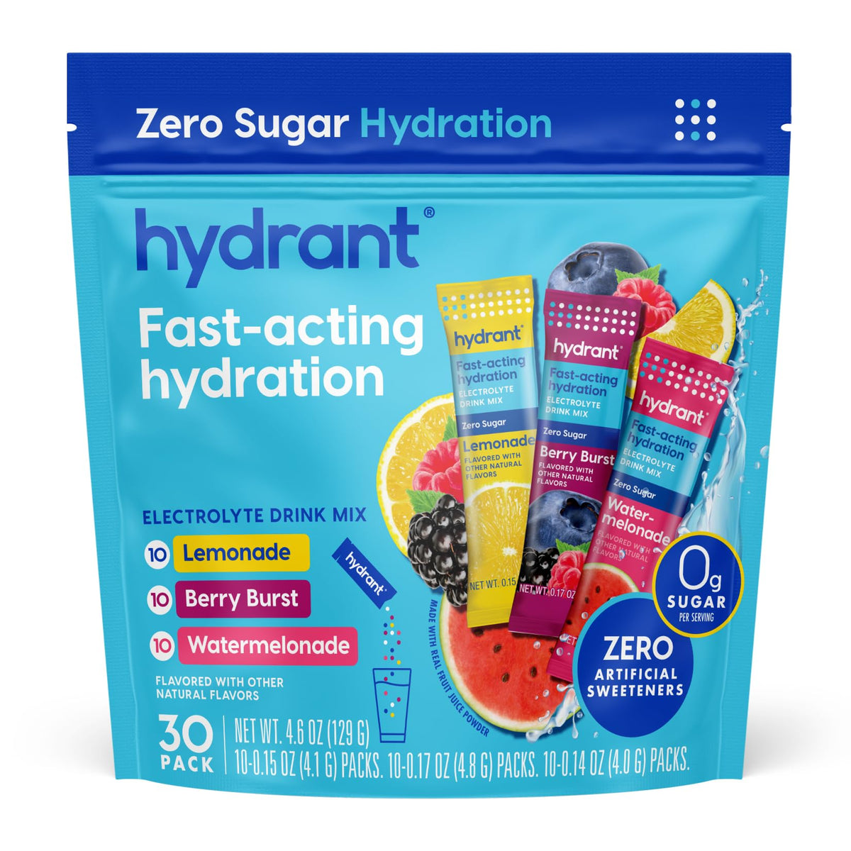 HYDRANT Hydrate Zero Sugar stick packets for quick hydration on the go