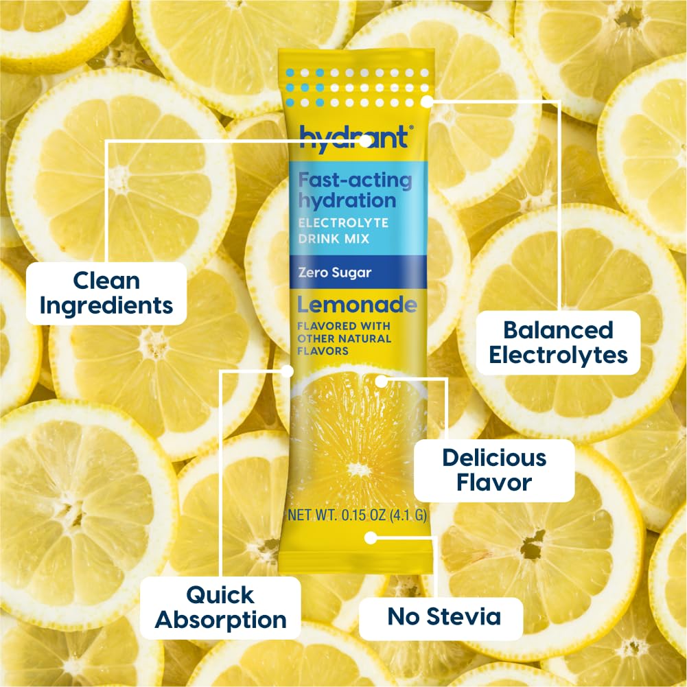 HYDRANT Lemonade stick packet in a glass emphasizing easy hydration