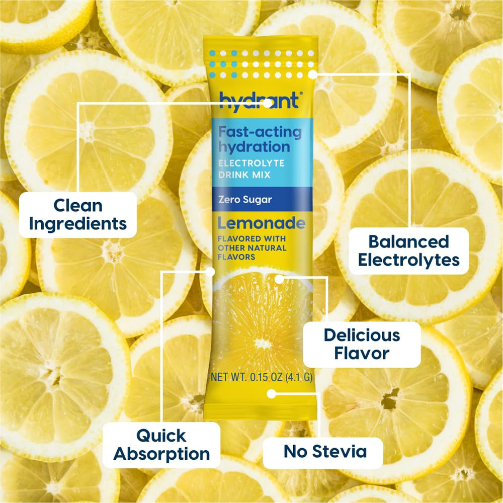 HYDRANT Lemonade stick packet in a glass emphasizing easy hydration