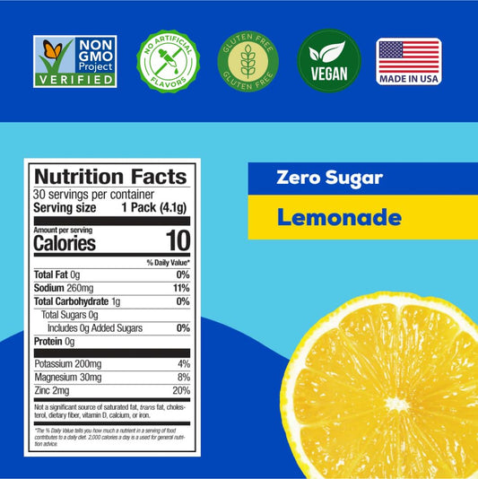 HYDRANT Lemonade label closeup showing balanced electrolytes in a convenient sachet