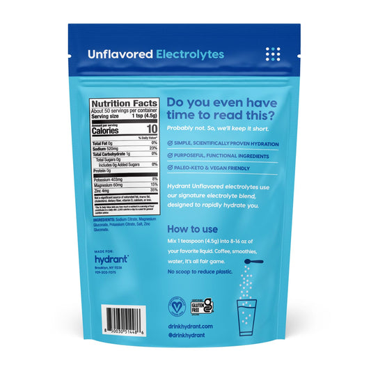 HYDRANT unflavored hydration mix blends easily with drinks.