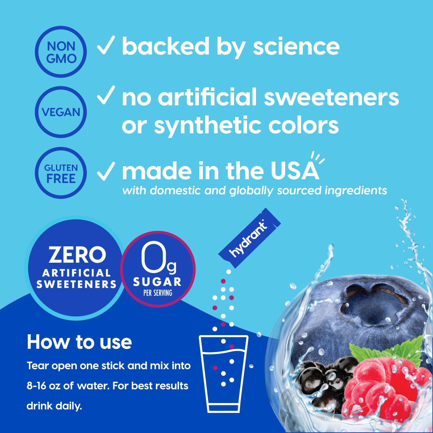 HYDRANT zero sugar hydration packet designed for pre- or post-workout use.