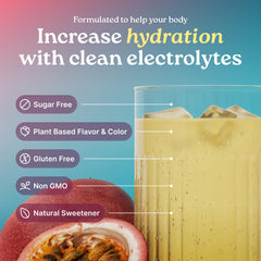 Hydrevo passionfruit drink being poured into a glass for refreshment.