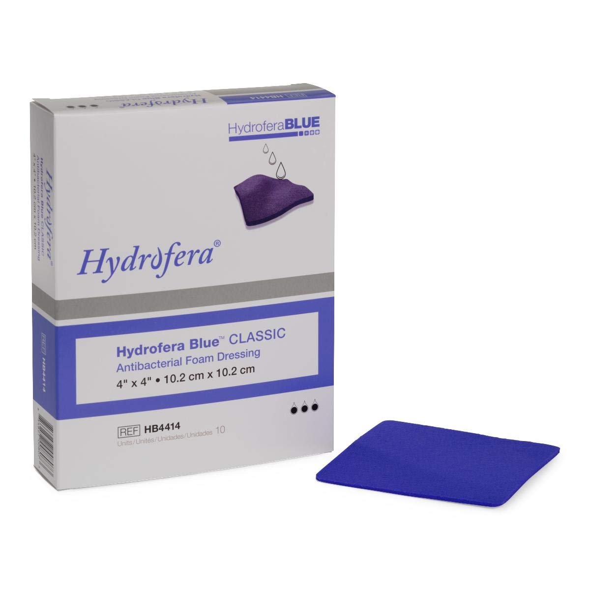 Hydrofera Blue bacteriostatic foam dressing 4x4 box image showing packaging and wound care use