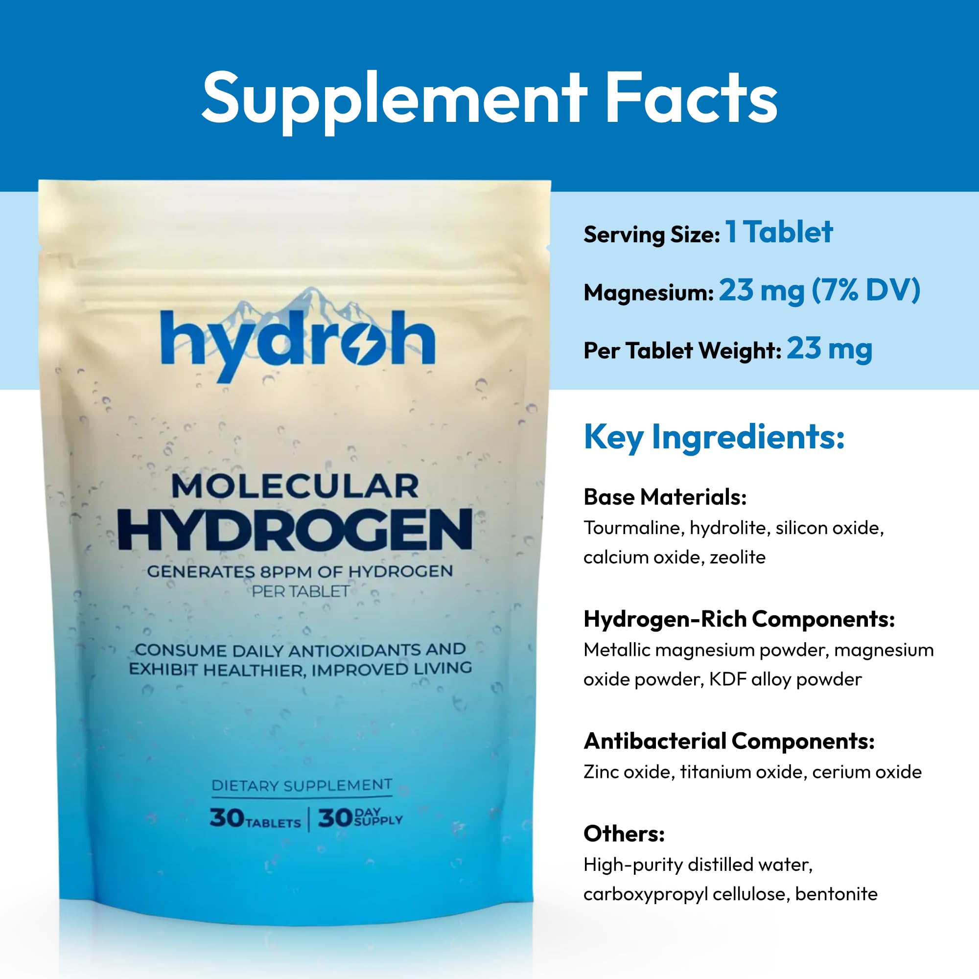 Hydroh water glass with tablet illustrating hydrogen-infused hydration.