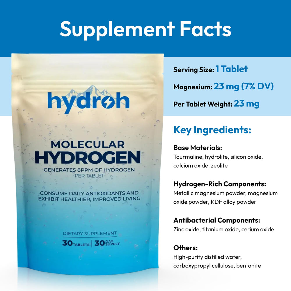 Hydroh water glass with tablet illustrating hydrogen-infused hydration.