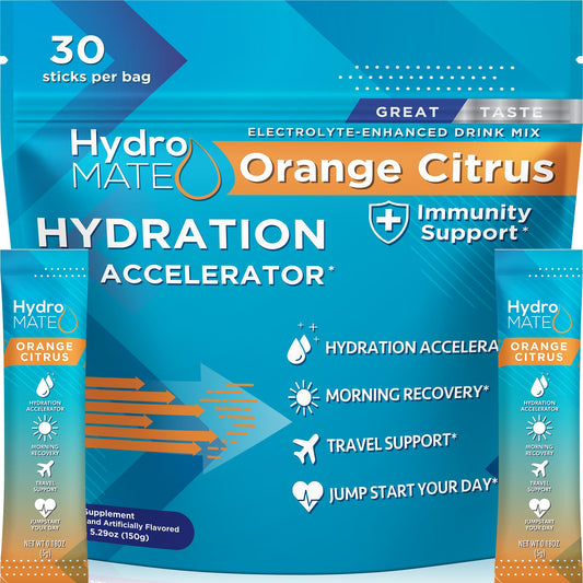 HydroMATE Electrolytes orange packet for quick hydration and vitamin C.