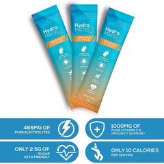 HydroMATE electrolytes party-favor packet for healthy gatherings.
