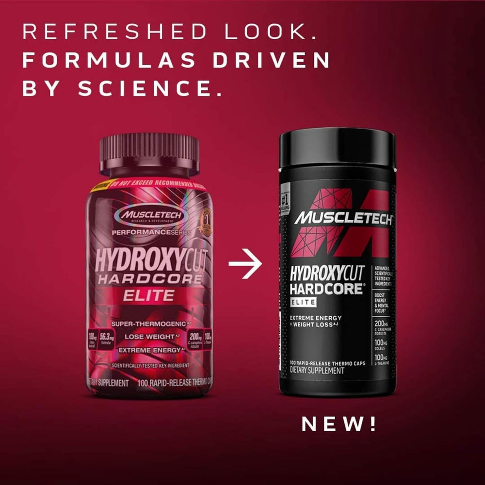 Hydroxycut Hardcore Elite workout plan on desk beside the bottle