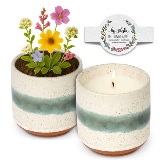 Hyggelight lavender growing candle in ceramic pot providing soothing scent and decorative centerpiece.