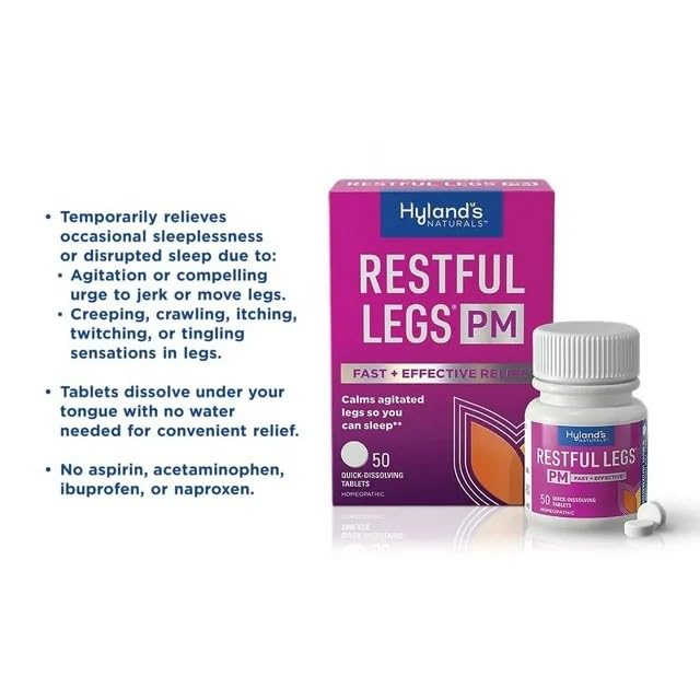 Hyland's Restful Legs tablets dissolving on tongue during nightly routine.