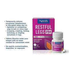 Hyland's Restful Legs tablets dissolving on tongue during nightly routine.