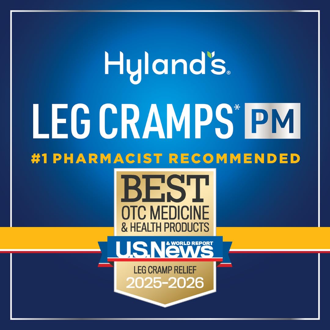 Hyland's Leg Cramps PM bottle with night-light suggesting sleep support.
