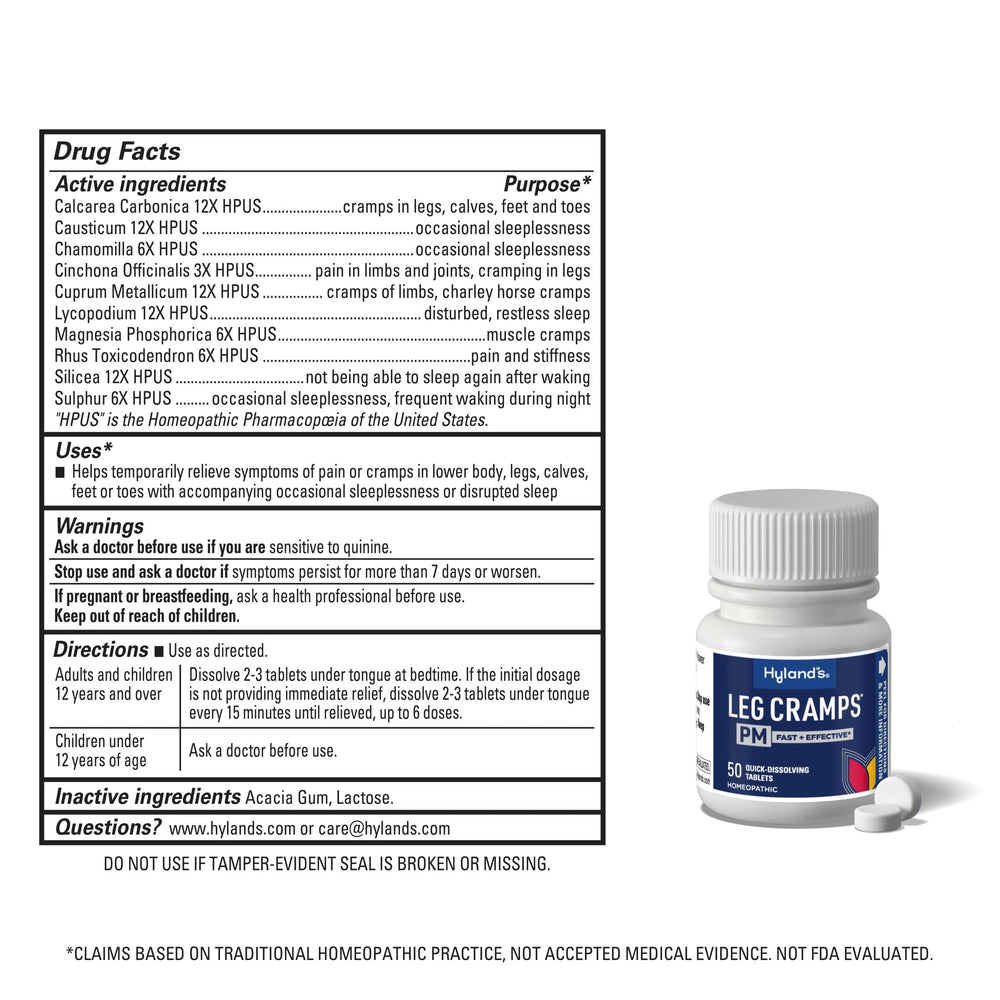 Hyland's Leg Cramps PM natural ingredients highlight for safer relief.