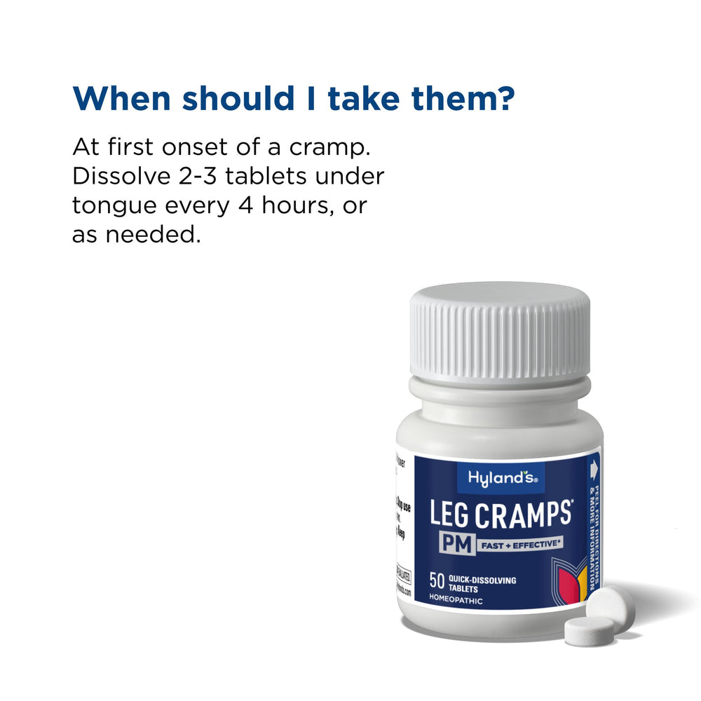 Hyland's Leg Cramps PM no-water-use visual with tablets ready.