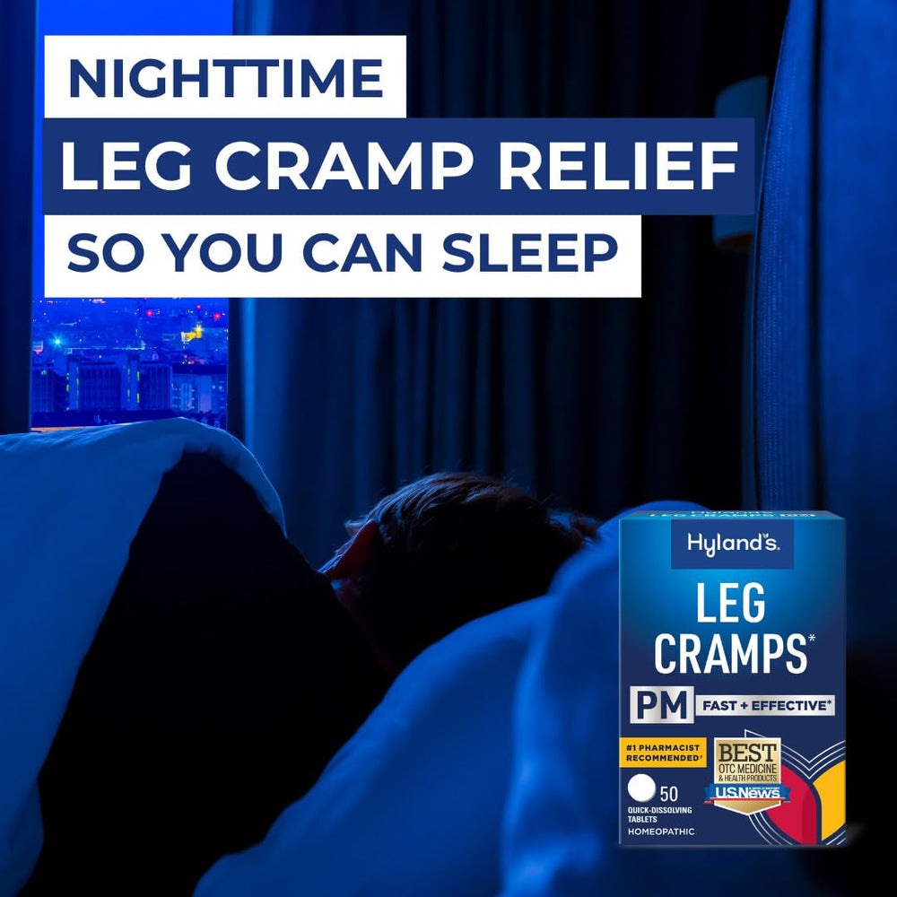 Hyland's Leg Cramps PM tablets dissolving under the tongue for fast relief.