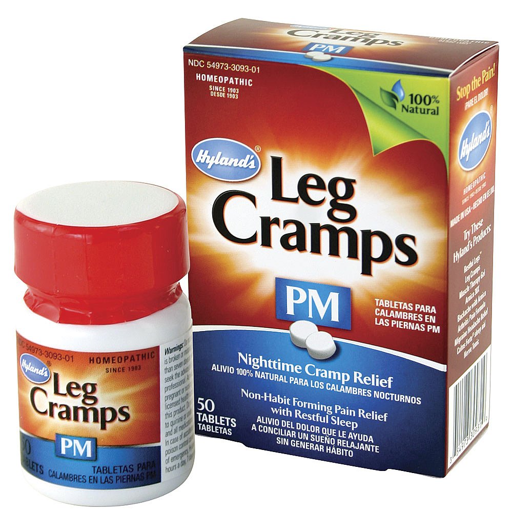 Hyland's Leg Cramps PM tablets dissolving for fast relief without water.