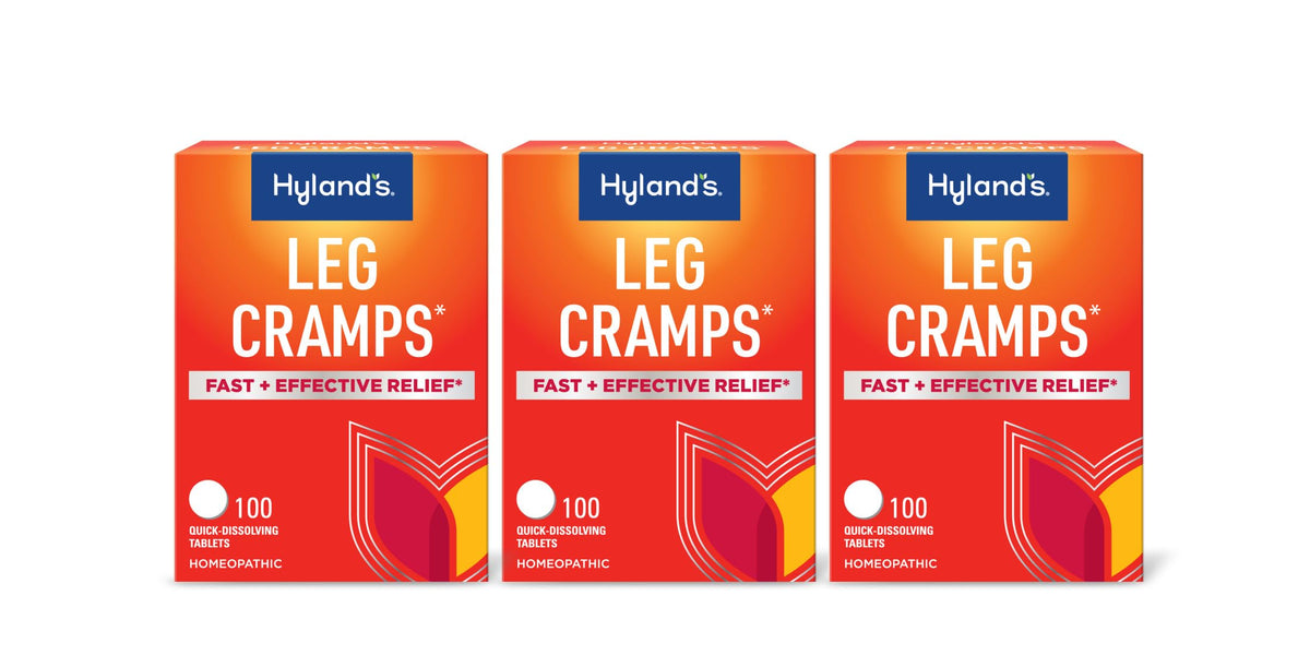 Hyland's leg cramps tablets pack offers fast, water-free relief for calves and feet.