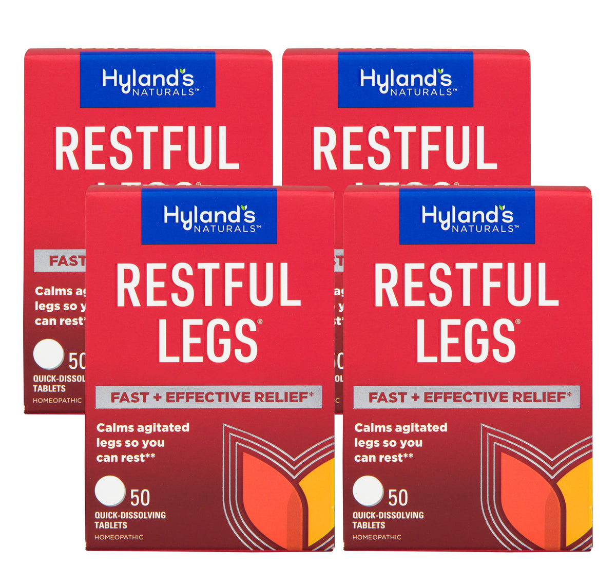 Hyland's Restful Legs bottle front view with 50 tablets for leg comfort.
