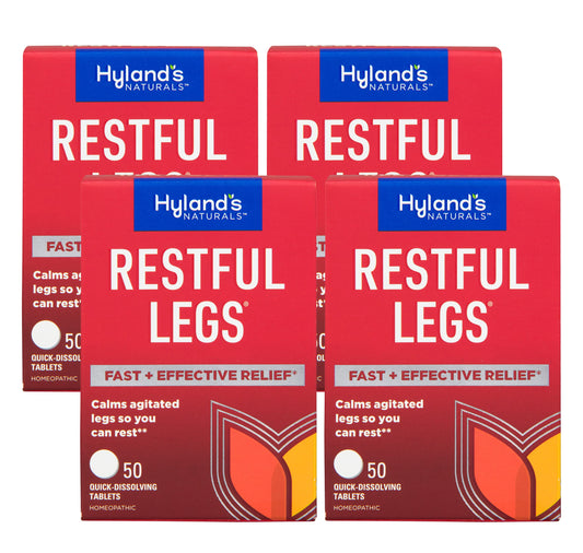 Hyland's Restful Legs bottle front view with 50 tablets for leg comfort.