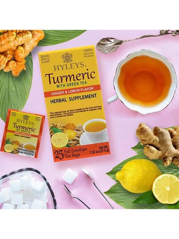 Ginger root and turmeric visuals with lemon hint in the blend.
