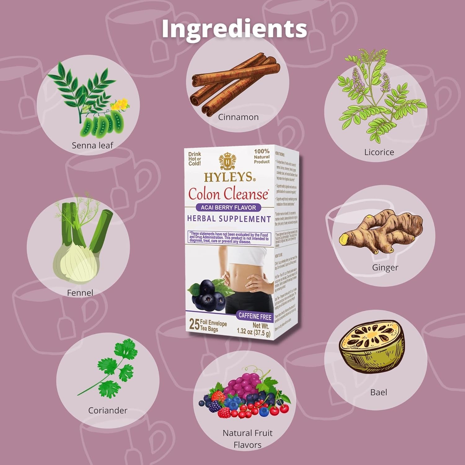 Hyleys Colon Cleanse Acai Berry ingredients closeup of natural herbs
