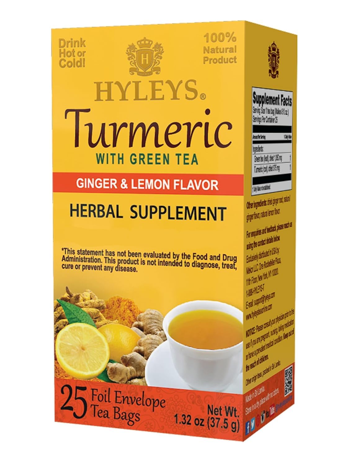 Hyleys Ginger Turmeric Tea Lemon Flavor box with 25 individually wrapped bags for freshness.
