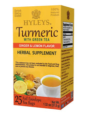 Hyleys Ginger Turmeric Tea Lemon Flavor box with 25 individually wrapped bags for freshness.