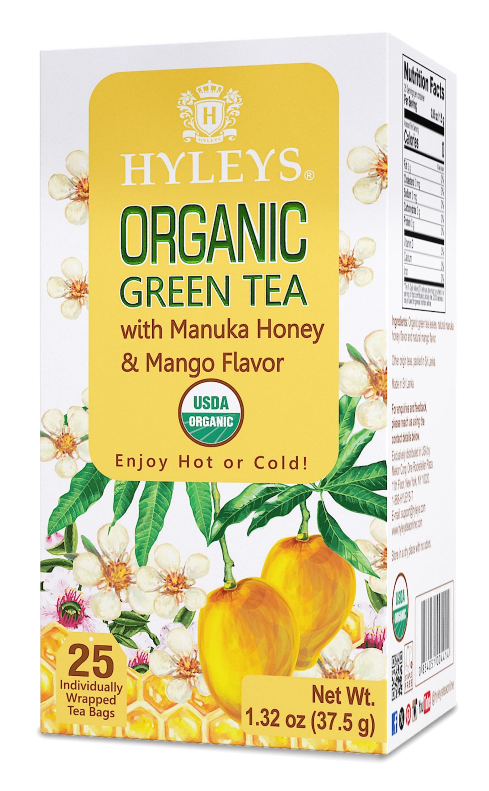 Hyleys Organic Green Tea Manuka Honey Mango box showcases premium packaging for easy brewing.