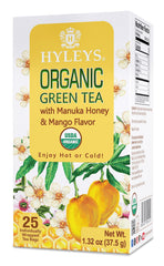 Hyleys Organic Green Tea Manuka Honey Mango box showcases premium packaging for easy brewing.