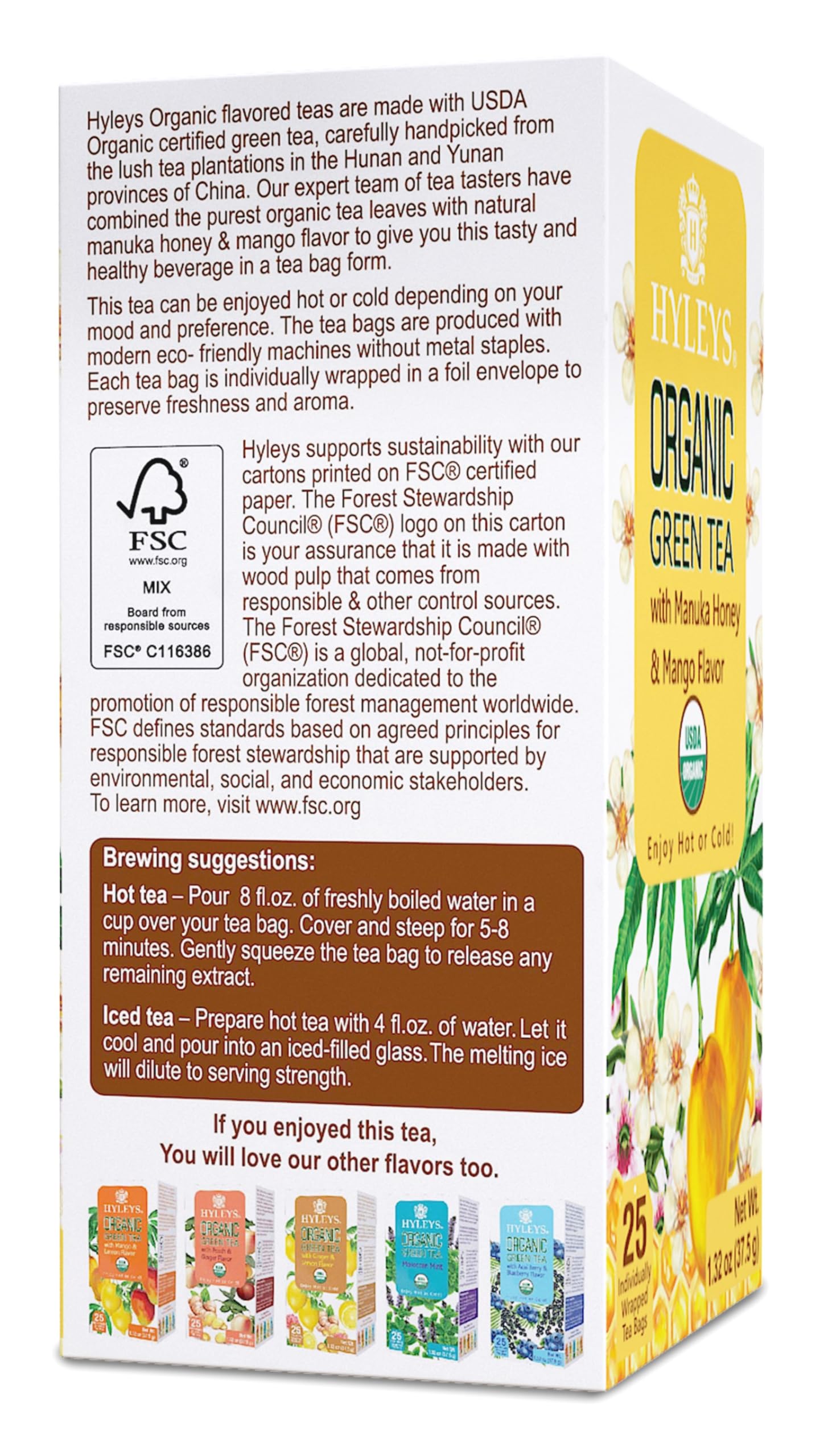 Hyleys Organic Green Tea Manuka Honey Mango label shows clean design and flavor cues.