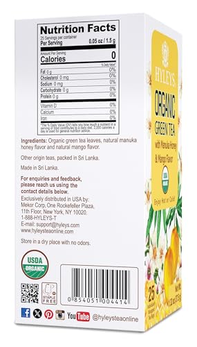 Hyleys Organic Green Tea Manuka Honey Mango tea bags for quick, flavorful infusions.