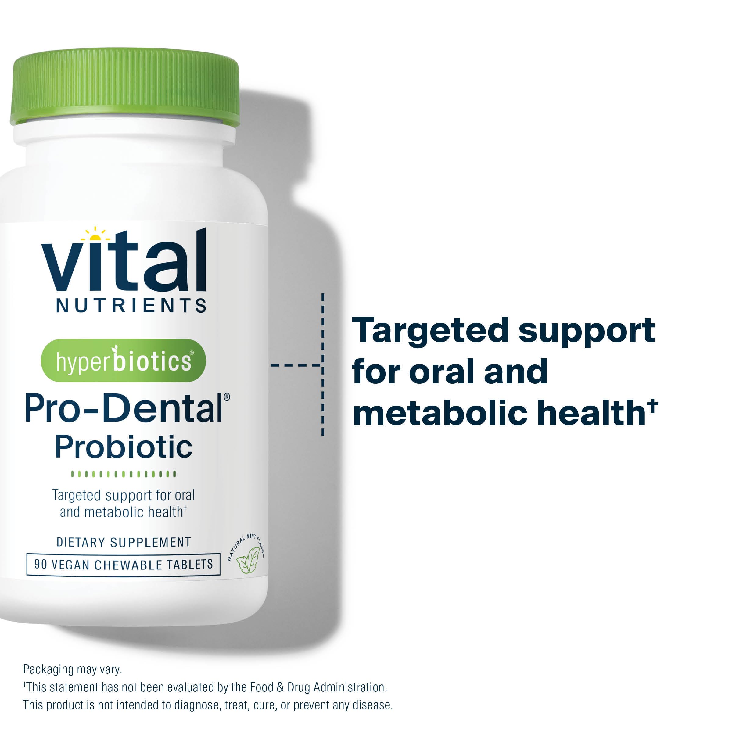 Hyperbiotics Pro Dental dairy-free BLIS K12 and M18 strains support oral balance.