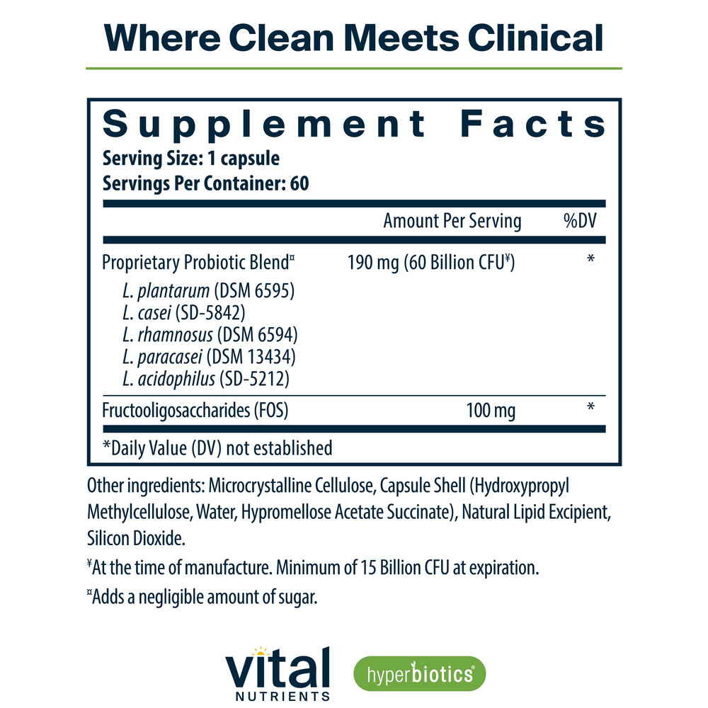 Hyperbiotics Vital Nutrients capsules close‑up highlighting acid‑resistant design.