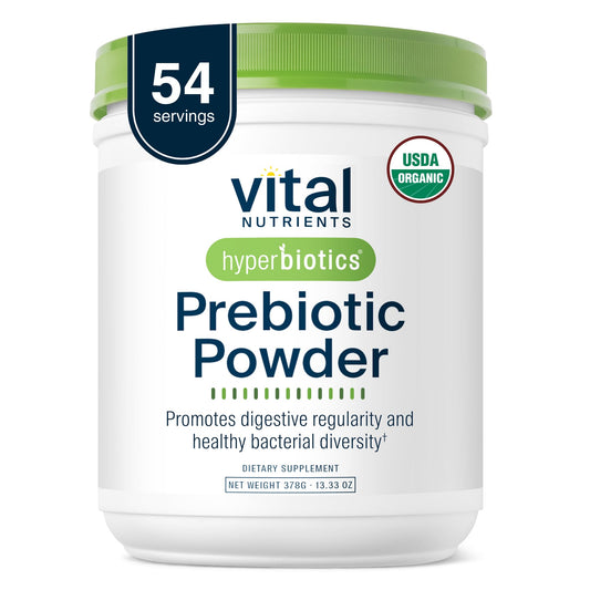 hyperbiotics vital nutrients prebiotic powder tub front supports healthy gut bacteria and digestive comfort.