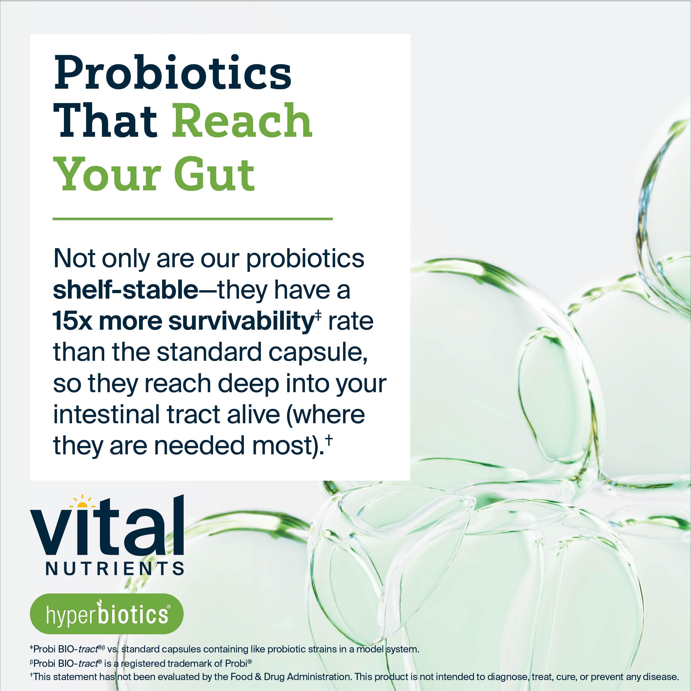 Hyperbiotics Vital Nutrients with 100 mg FOS prebiotic illustration.
