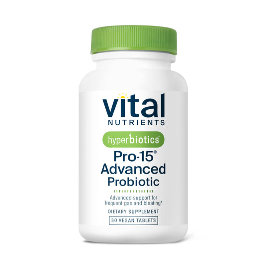 Hyperbiotics Vital Nutrients Pro-15 bottle front for balanced digestion.