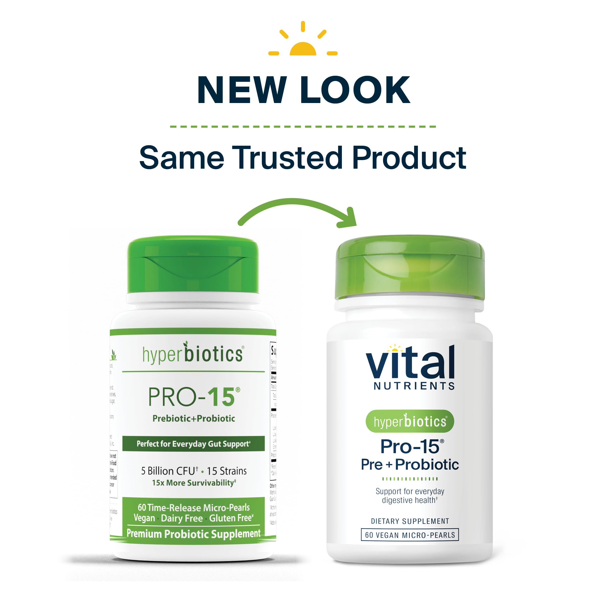 Hyperbiotics Vital Nutrients Pro-15 pearls close-up highlighting easy-to-swallow vegan capsules.