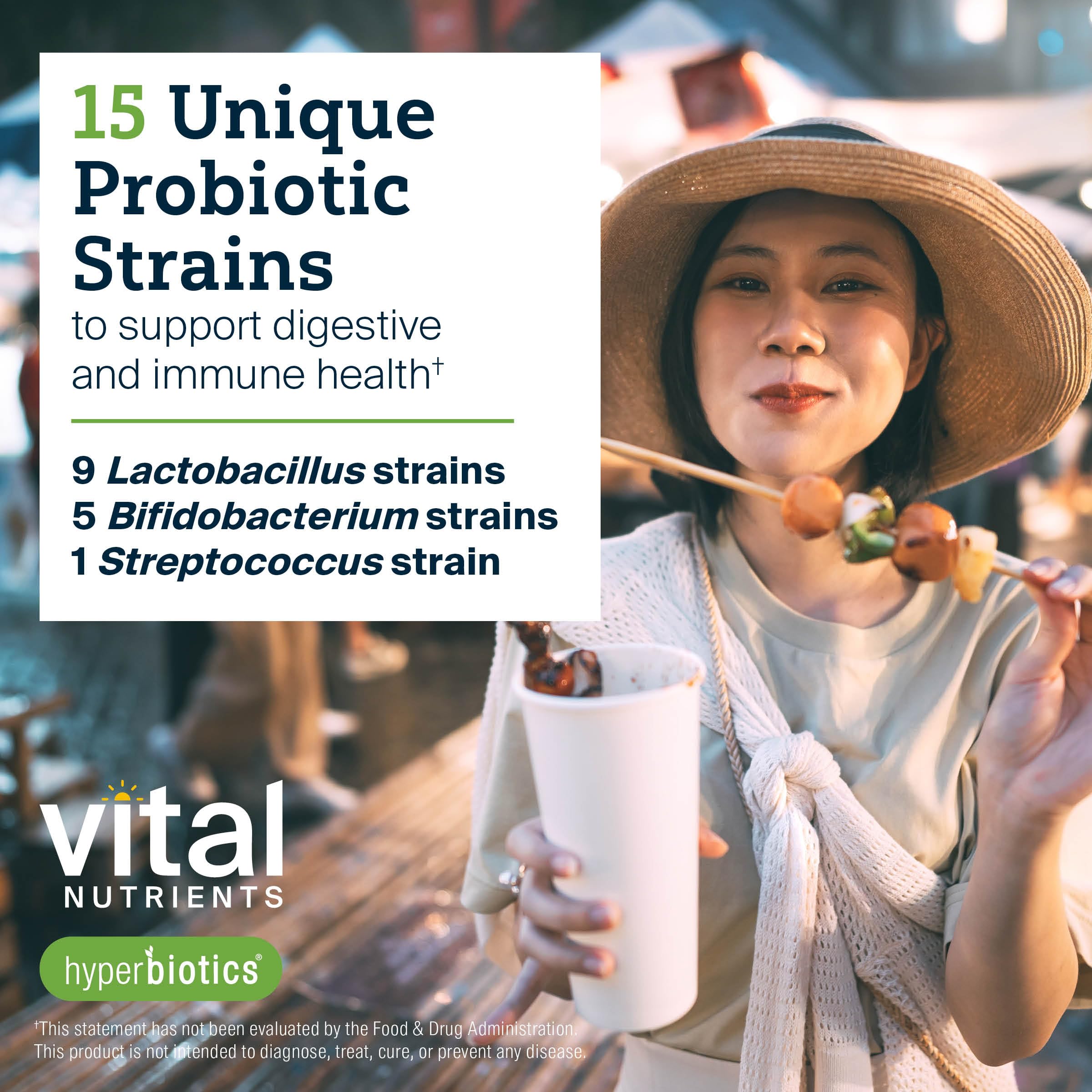 Hyperbiotics Vital Nutrients Pro-15 chart showing 15 probiotic strains.